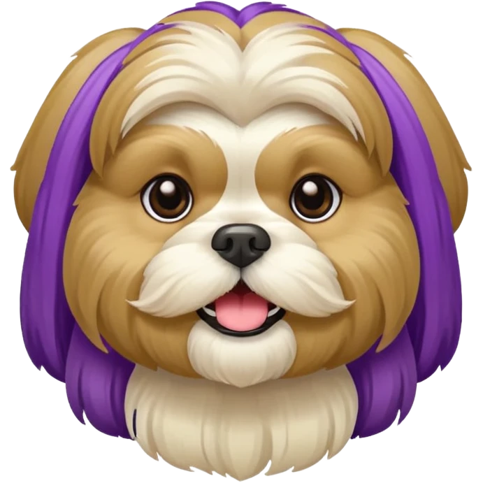 generame la imagen de un perrito raza chitzu de color cremita, totalmente cremita sin esos colores marron oscuro en su cara, hazla un poco sonriente y con su pechera morada emoji