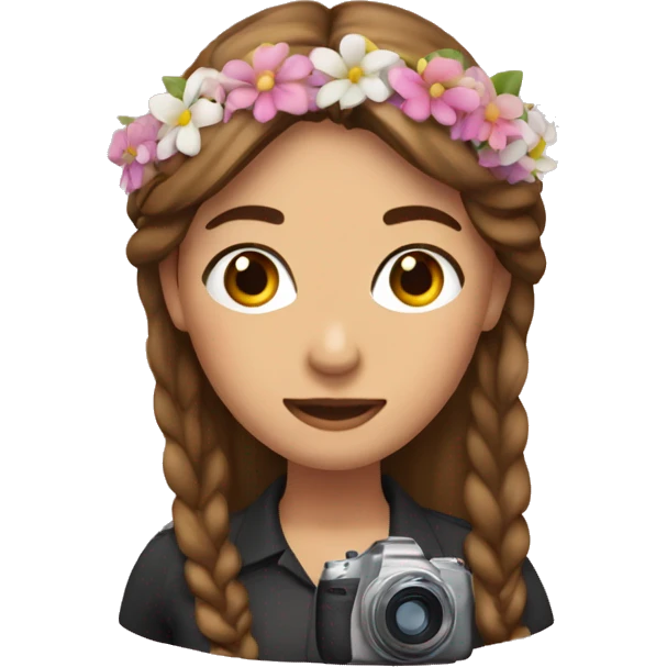 woman with brow hair, flowery hairband and camera emoji