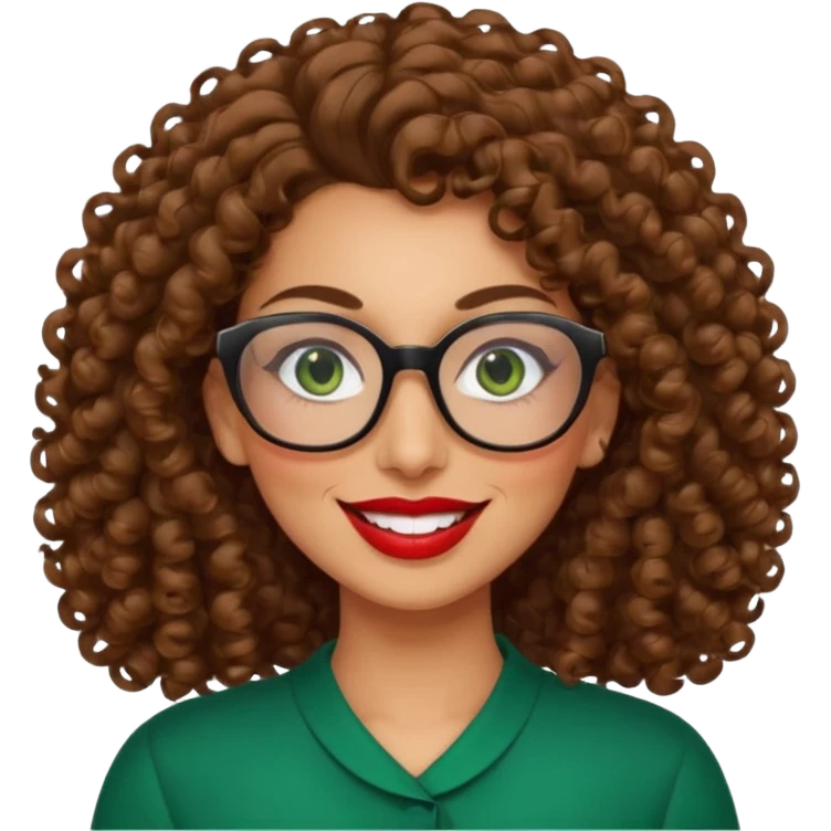 40 yr old Iranian woman, light brown very curly thick hair, shoulder length hair, green eyes, tan skin, big smile, big glasses emoji