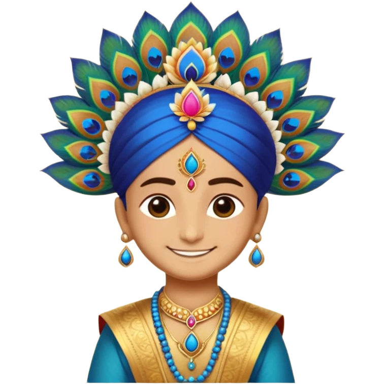 Create a cute and divine emoji of Khatu Shyam Ji with a charming smile, glowing aura around the head, traditional Rajasthani attire, peacock feather on the crown, tilak on the forehead, holding a lotus flower, with a soft golden background and spiritual energy radiating from the emoji face." emoji
