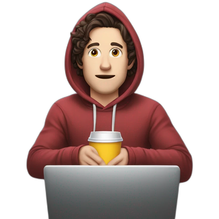 Bighead josh brener from silicon valley in hoodie sittin on a computer chair holding a big gulp emoji