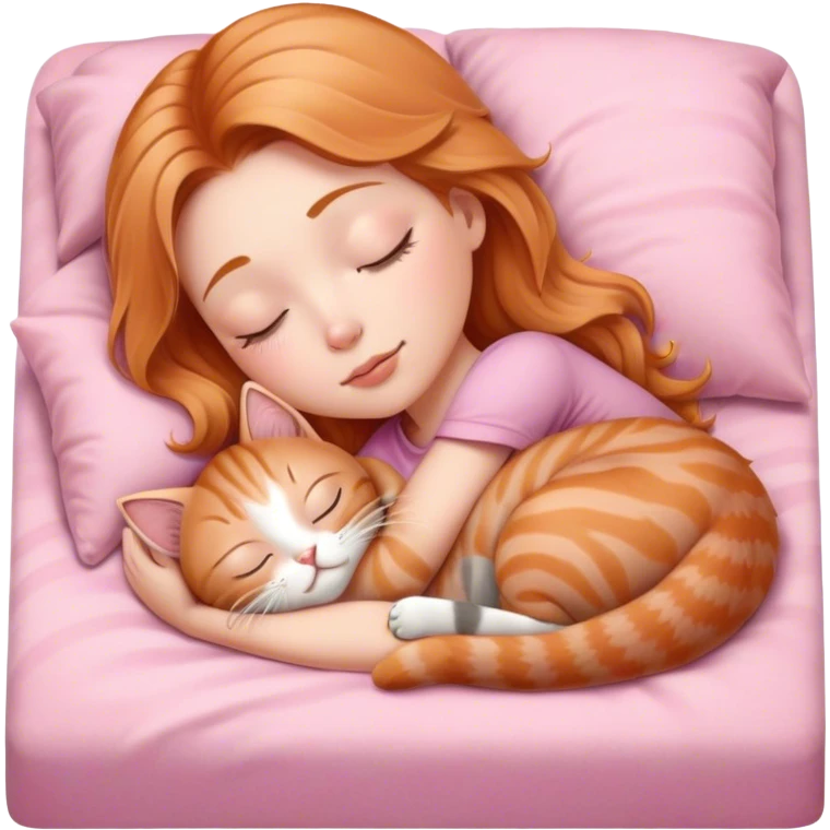 gray tabby kitten sleeping with strawberry blonde girl in pink bed emoji