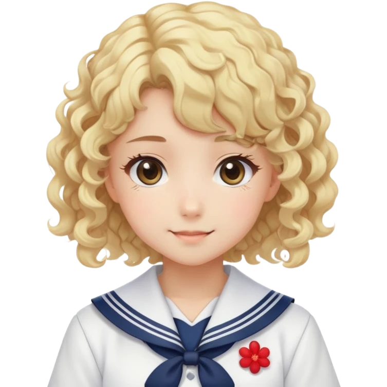 Sweet anime girl with blonde curly hair wearing Japanese sailor style school uniform, gentle smile, kawaii style emoji