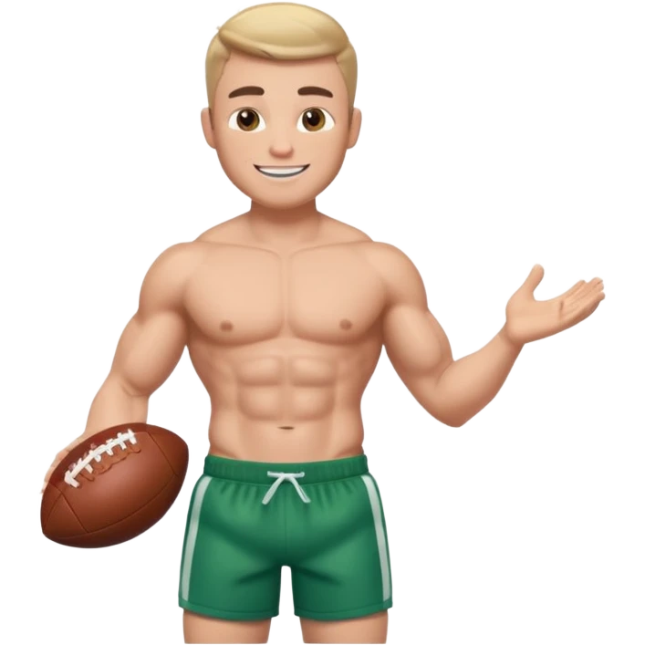 male memoji, shirtless muscular man with six-pack abs, wearing designer shorts, holding a football, confident and flirty smile emoji