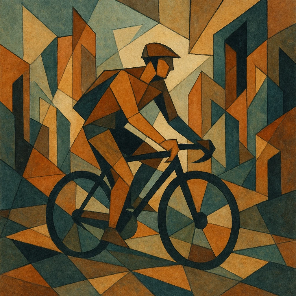 Cyclist riding through a jagged cityscape of distorted perspective.
 emoji
