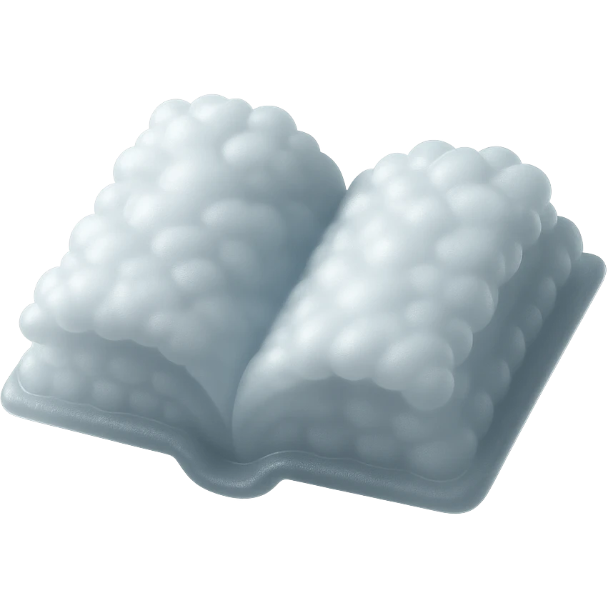 thick open book made entirely of small, very bright white, fluffy, convex clouds, matte glass style, no background emoji