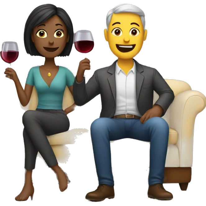 man and woman sitting on a couch drinking wine emoji