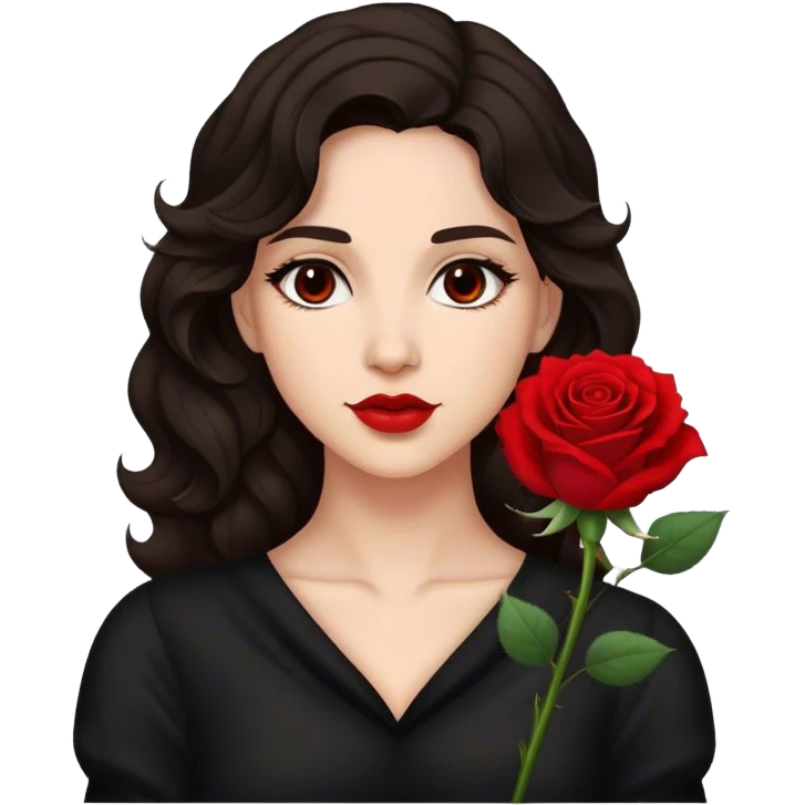 A woman with dark wavy hair, a single red rose behind one ear, and a confident gaze emoji