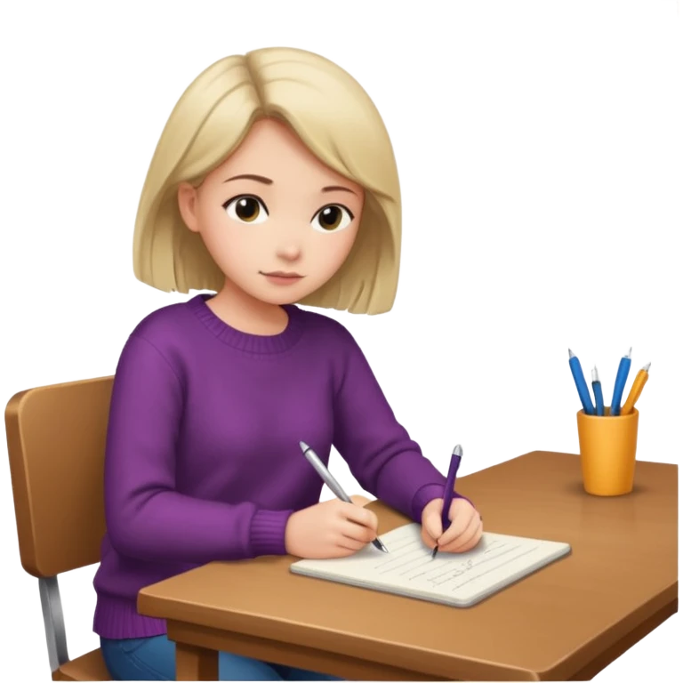 девушка сидит спиной к нам за столом и пишет emoji