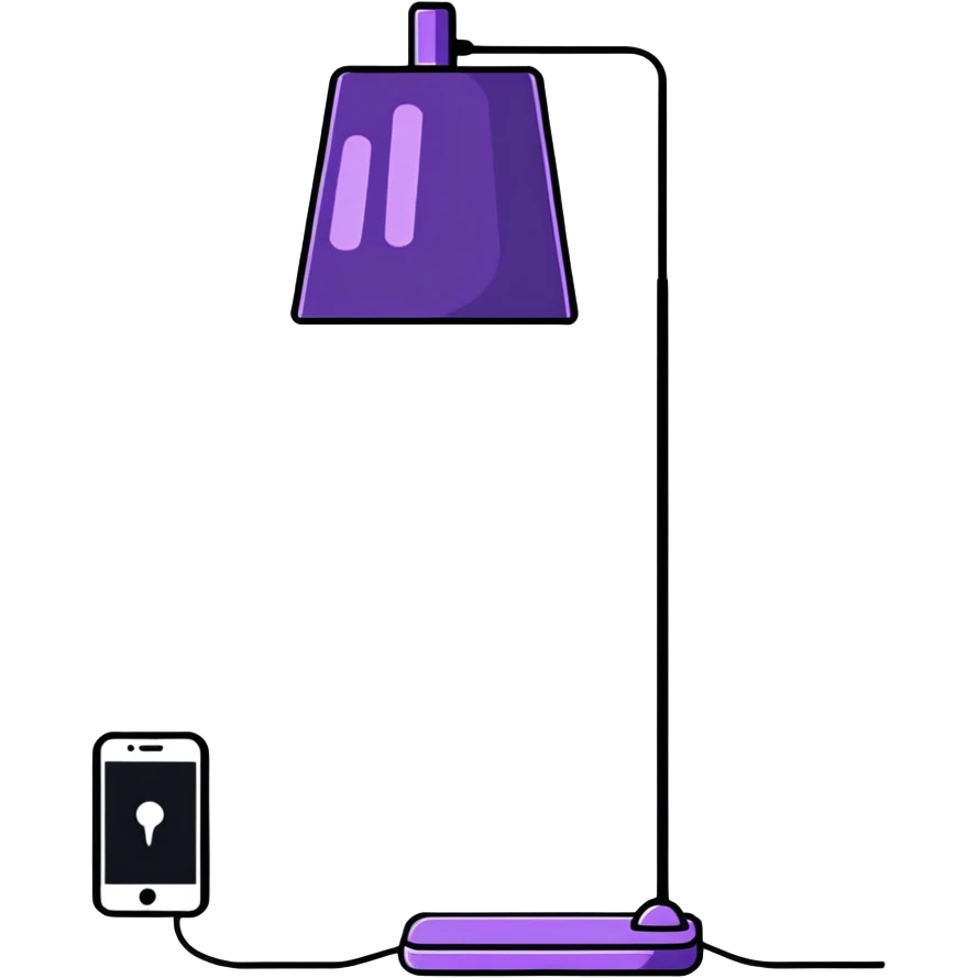 smartphone showing quiz interface in foreground, with a decorative floor lamp sticking out from behind the phone emoji