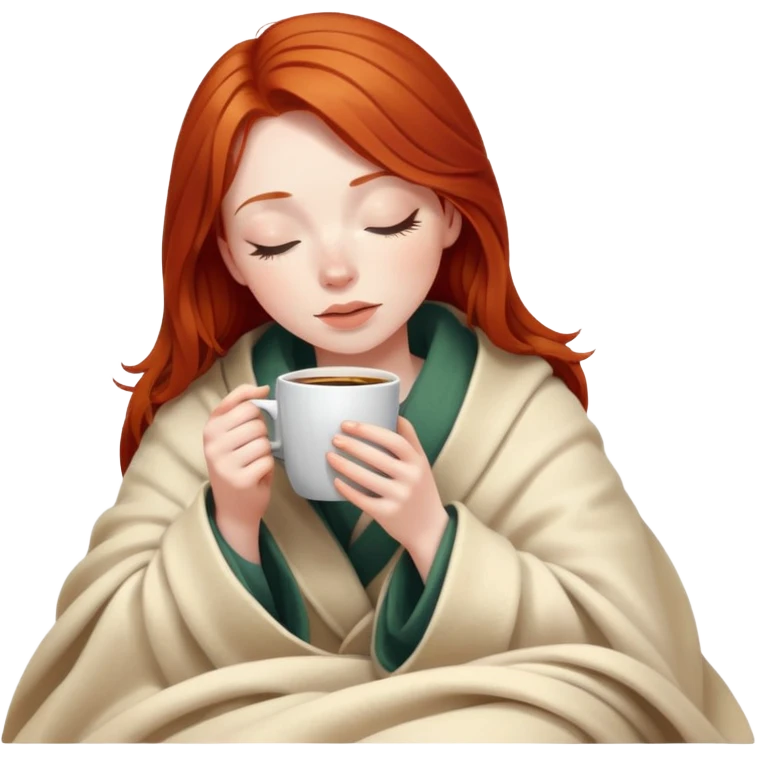 girl redhead inside a blanket sipping coffee eyes closed emoji