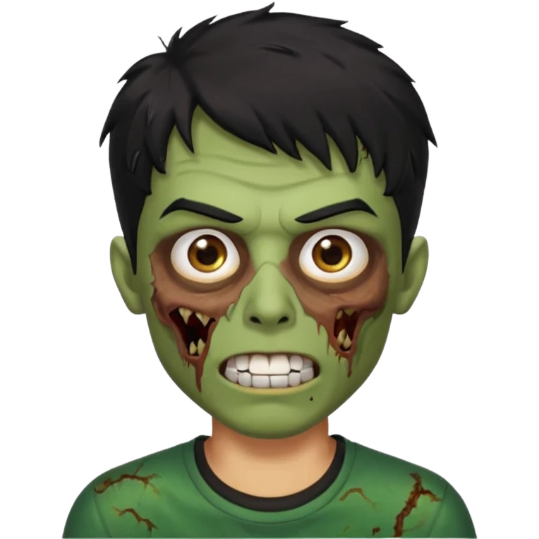 zombi emoji man with a fringe wavy medium black hair, mouth with a white teeth, nose, eyes brown, brown eyebrow, green skin, black shirt emoji
