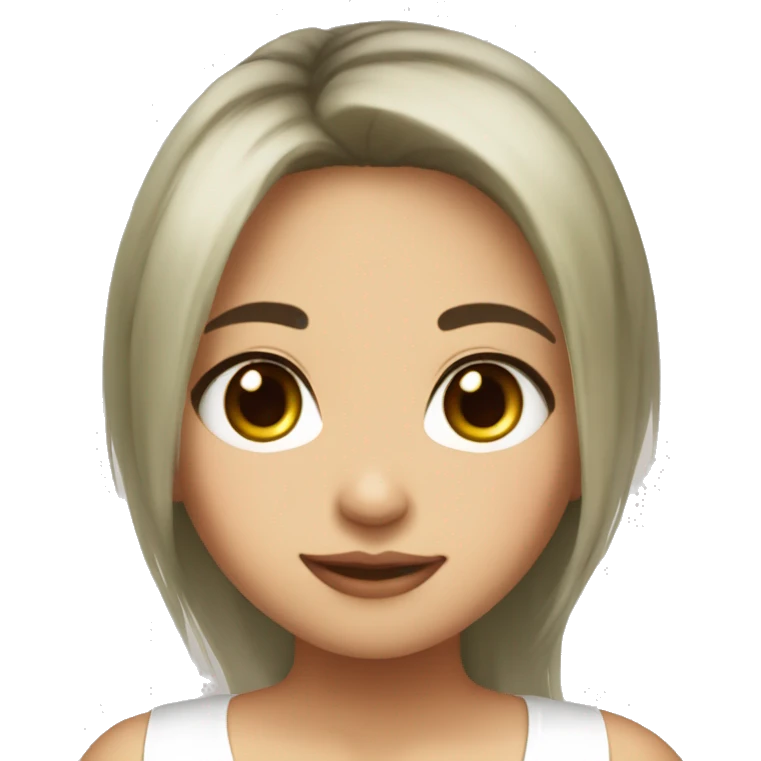 asian, white highlights hair, olive skin, wearing white tank top, big cute eyes emoji