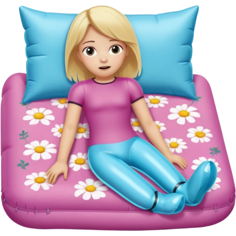 chica rubia con cara de miedo con unas botas de presoterapia inflables tirada en una cama emoji