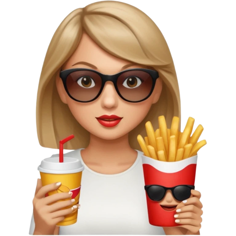 Taylor Swift, wearing sun glasses,  holding a cup of fries





































 emoji