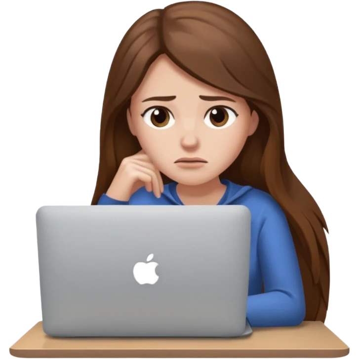 create a woman long hair brown, sitting with her macbook looking tired. looking at her computer, exausted  emoji