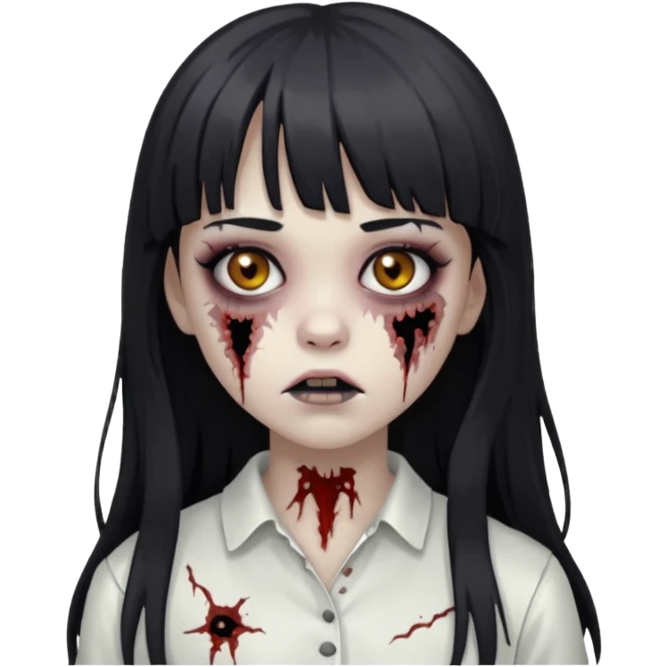 Make a girl with bangs with very dark black and long hair, light brown eyes and white clothes in the form of a zombie emoji