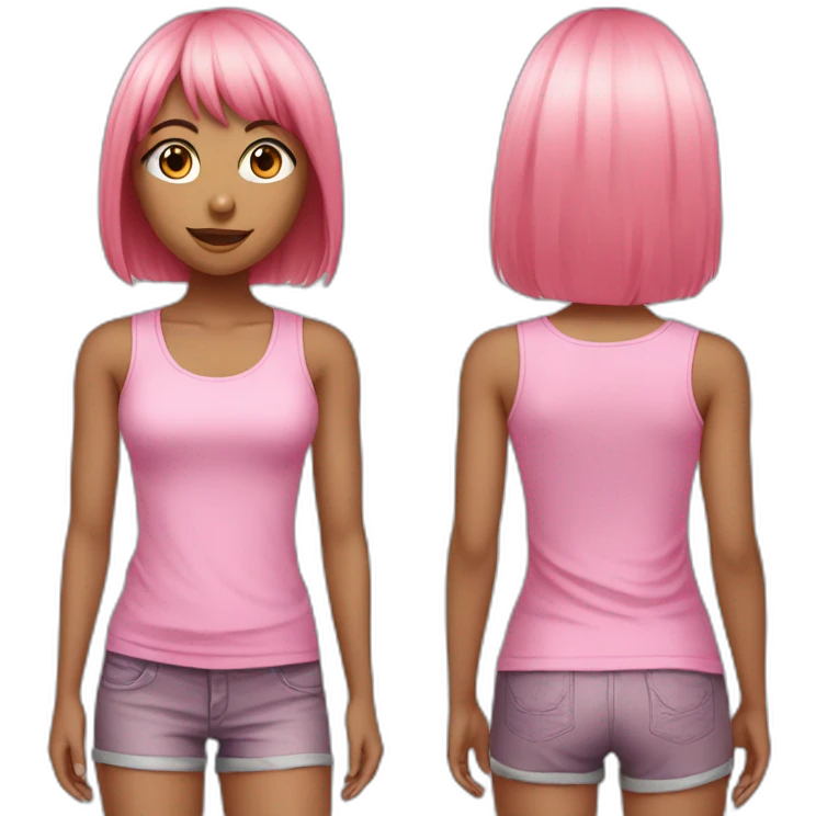 cute girl with long, straight rose hair with bangs and holding camera and wearing pink tank top emoji