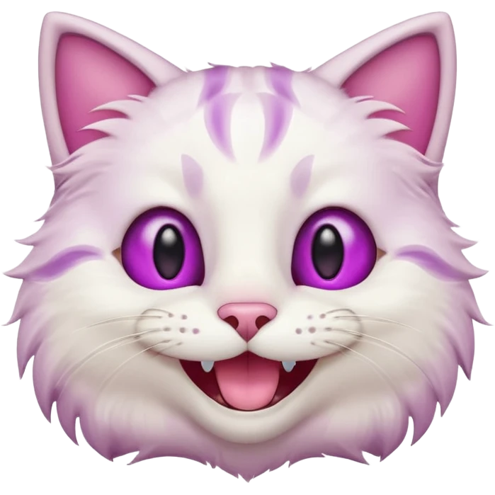 White cat wide mouth happy smiling with teeth showing, very light pink inner ears, magenta purple eyes, looks like discord's :smiley_cat: emoji, male looking emoji