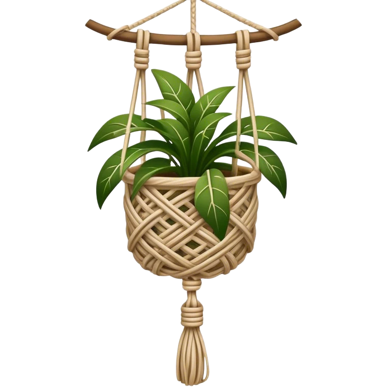 Macramé icon, intricate knot patterns, hanging plant holder, natural cords, woven texture, minimalistic style, clean lines, transparent background. emoji