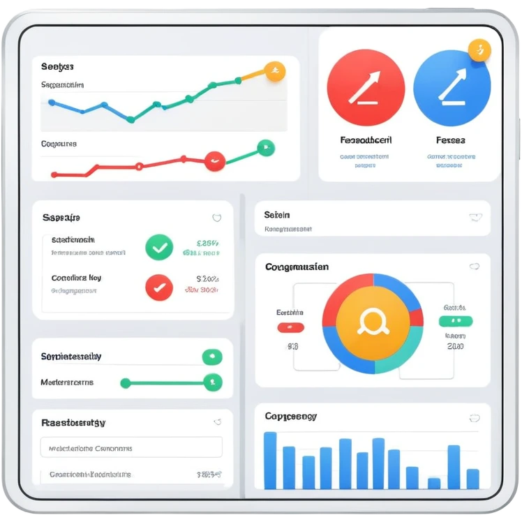 Organizational management system with feedback mechanisms, dashboard with arrows showing information flow, circular process with reports and comments emoji
