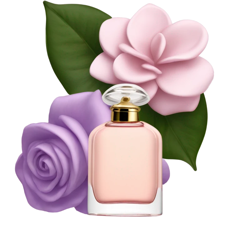 Aesthetic view of blush pink gardenias with a classic violet perfume bottle.
 emoji