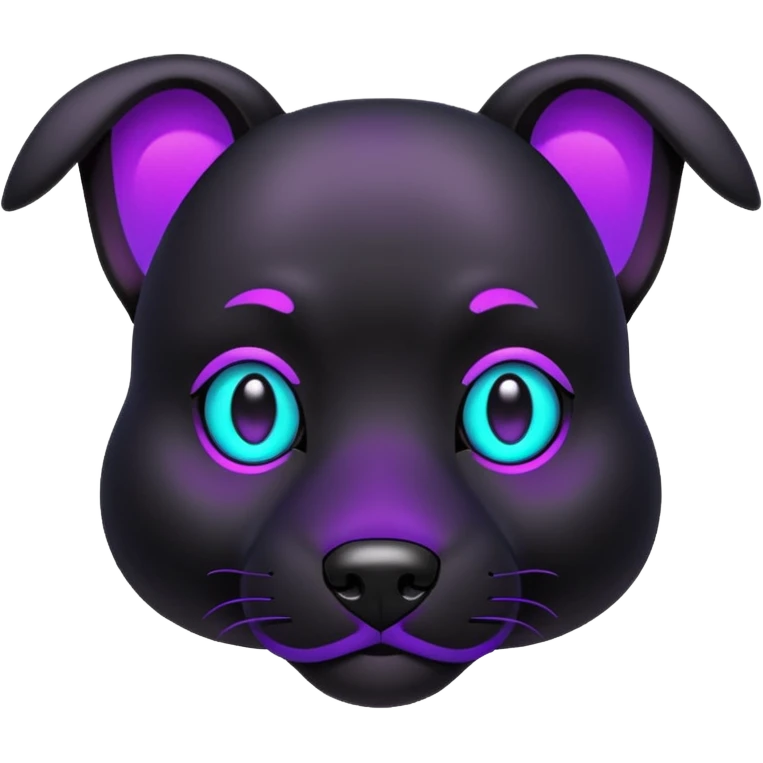 futuristic glowing black dog emoji, neon cyan eyes, purple #8B5CF6 highlights, tech minimal style, dark background emoji