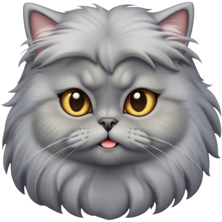Cinematic Derpy Grey Persian Cat Portrait Emoji, Head tilted playfully with an adorably awkward expression, fluffy grey fur with soft silver undertones, Simplified yet hilariously derpy features, highly detailed, glowing with a warm but slightly confused glow, high shine, a mix of lazy and clueless, stylized with a touch of whimsy, bright but with a completely derpy and grumpy face, soft glowing outline, capturing the essence of a quirky yet chubby, grumpy kitty, so endearing it feels like it could stretch out of the screen and demand attention with its wonderfully derpy charm! emoji