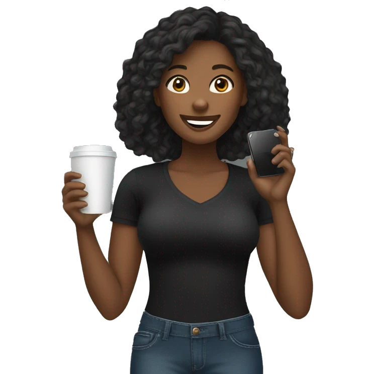 African American female talking on cellphone and holding a coffee wearing black shirt and jeans  emoji