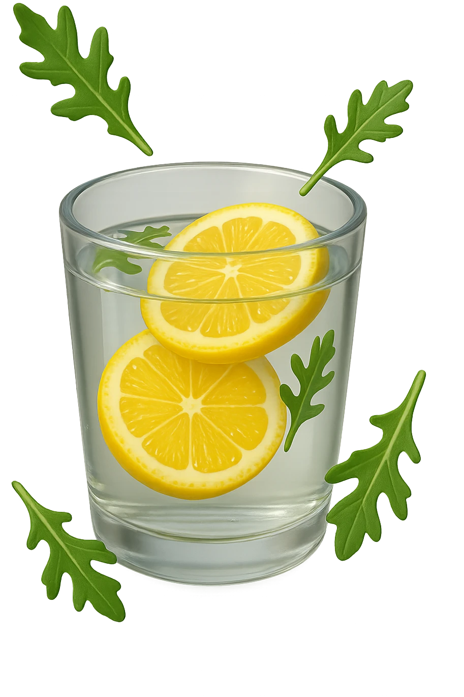 emoji stile iphone 3d di un bicchiere di acqua con limone e qualche foglia di rucola che fluttua intorno in aria, iperrealistico 4k emoji