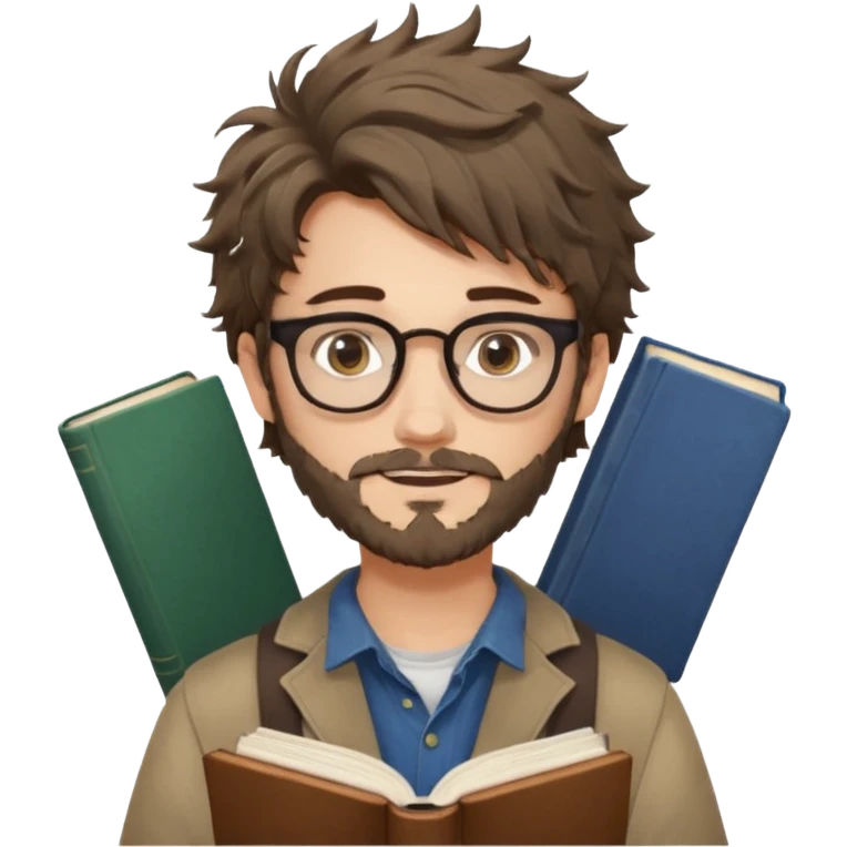 generate an ios genmoji of a fair 20 year guy with faint beard, spectacles, messy hair, books in hand emoji