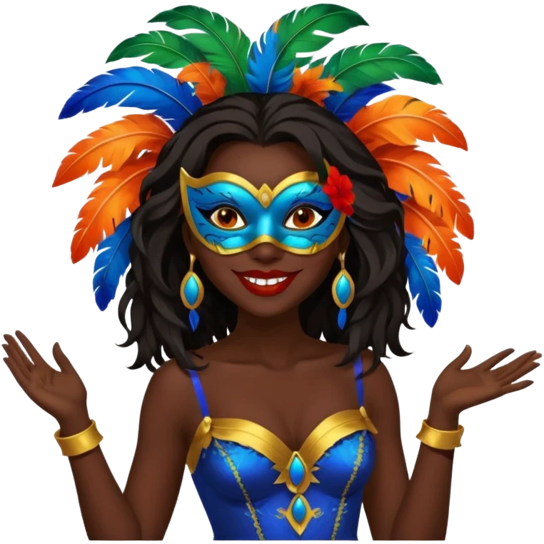i need the same girl in "dark skin girl, dark red lipstick, nails very beautiful" to be smiling in "carnival mas costume, blue, green and orange preferably, full costume feathers at the back" she is to be smiling, hair should be dark shoulder length, black nail polish on her fingers  emoji