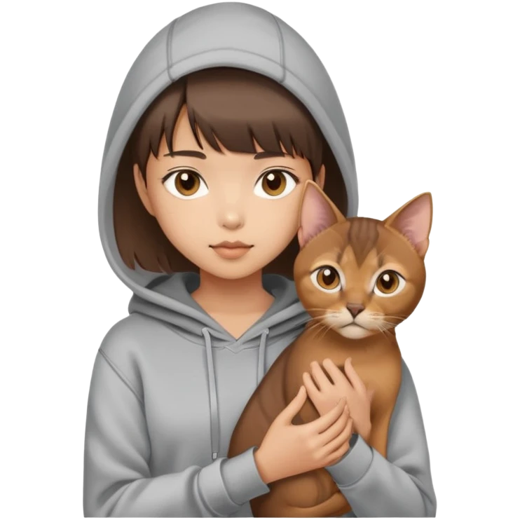 a asian girl with short brown hair and bangs holding an Abyssinian cat， wearing grey hoodie emoji