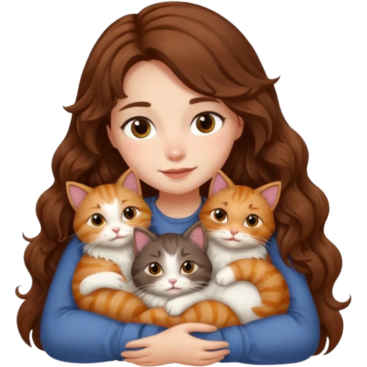 girl with long wavy brown hair snuggling 6 cats emoji