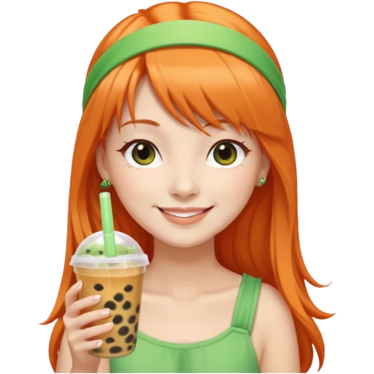 Create an emoji of a fair-skinned woman with long orange hair, bangs, and a green headband, holding a cup of bubble tea. emoji