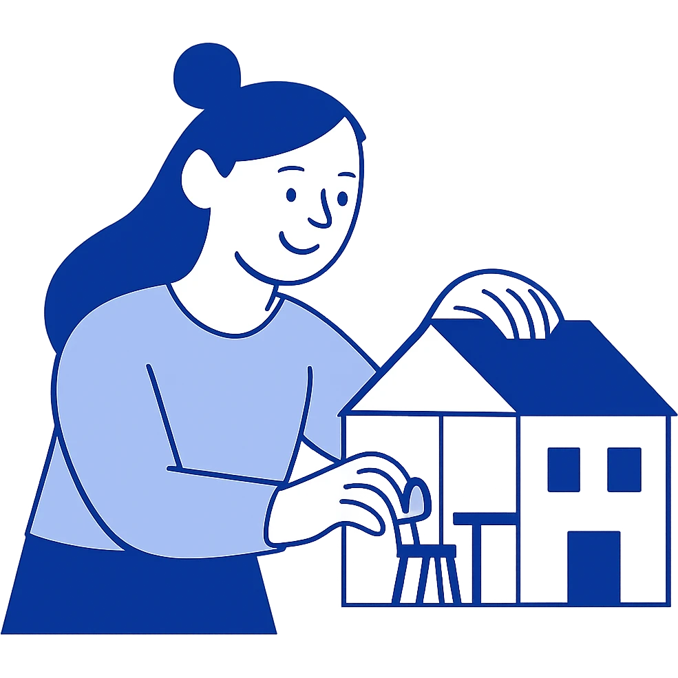 smiling girl arranging furniture in doll house emoji