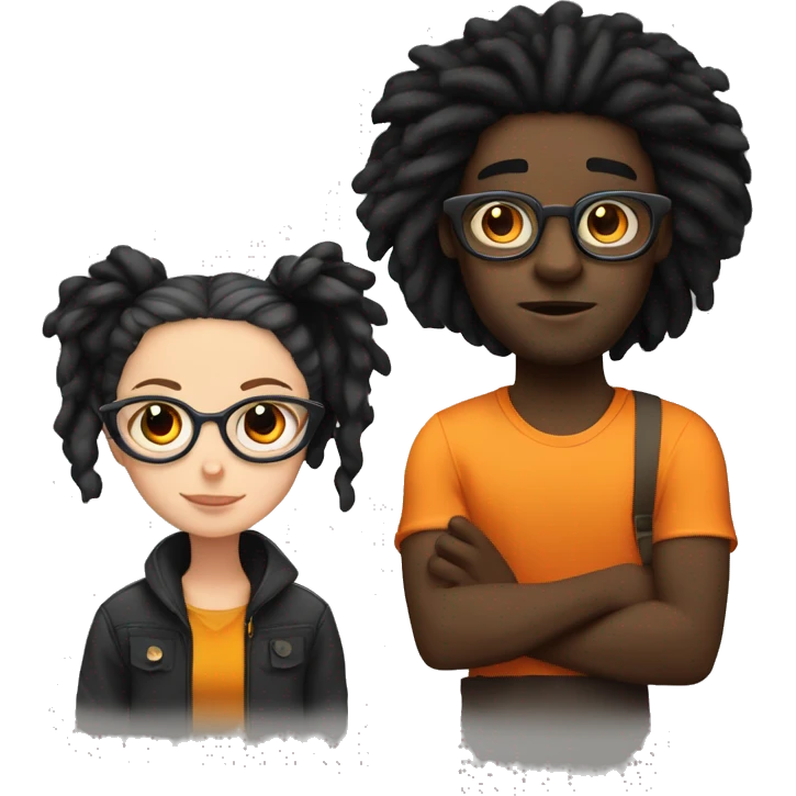 Black guy with dreads and glasses and a white girl with dark black hair holding an orange cat emoji