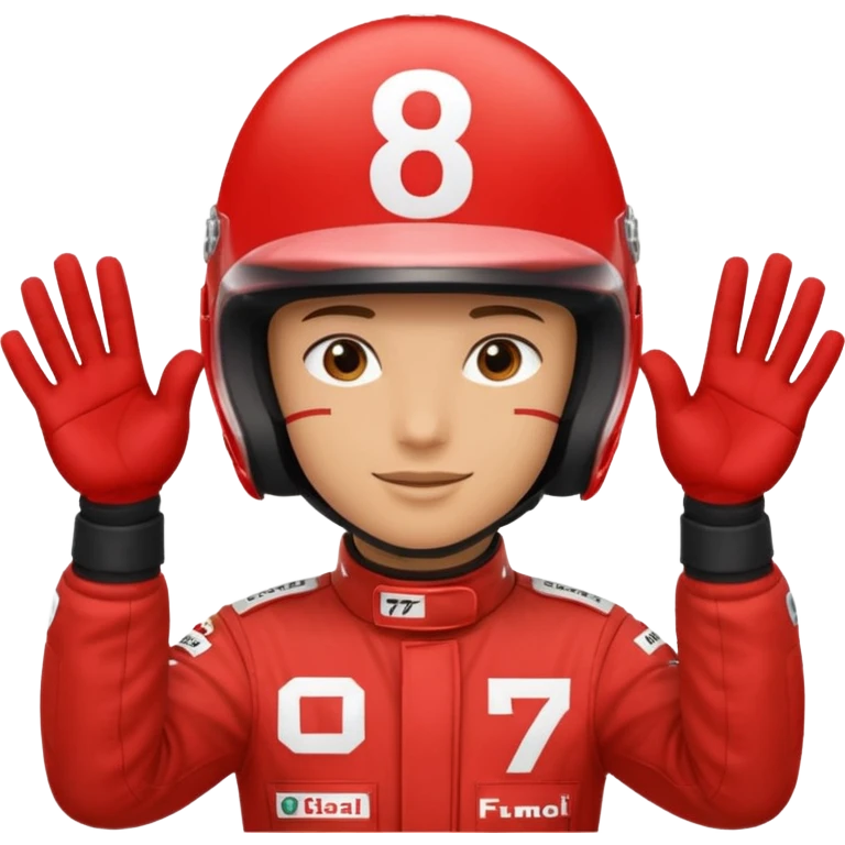 Person wearing red f1 helmet with hands saying 8 7 emoji