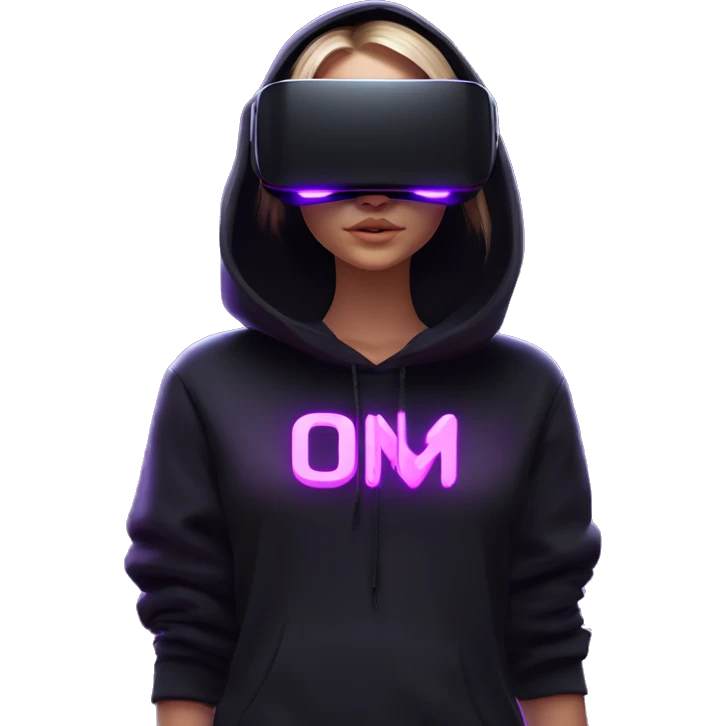 Russian girl wearing black hoody with violet letters "OMG", in vr headset oculus quest2. Standing like jedi. Cyberpunk style. Violet neon. emoji