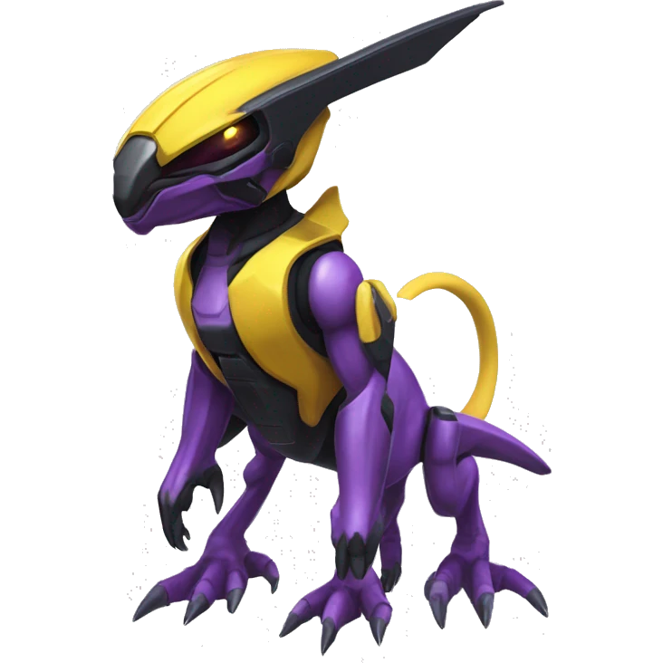 a shiny black-purple-yellow Genesect-Raptor-Fakémon—hybrid with a futuristic visor-helmet full bod emoji
