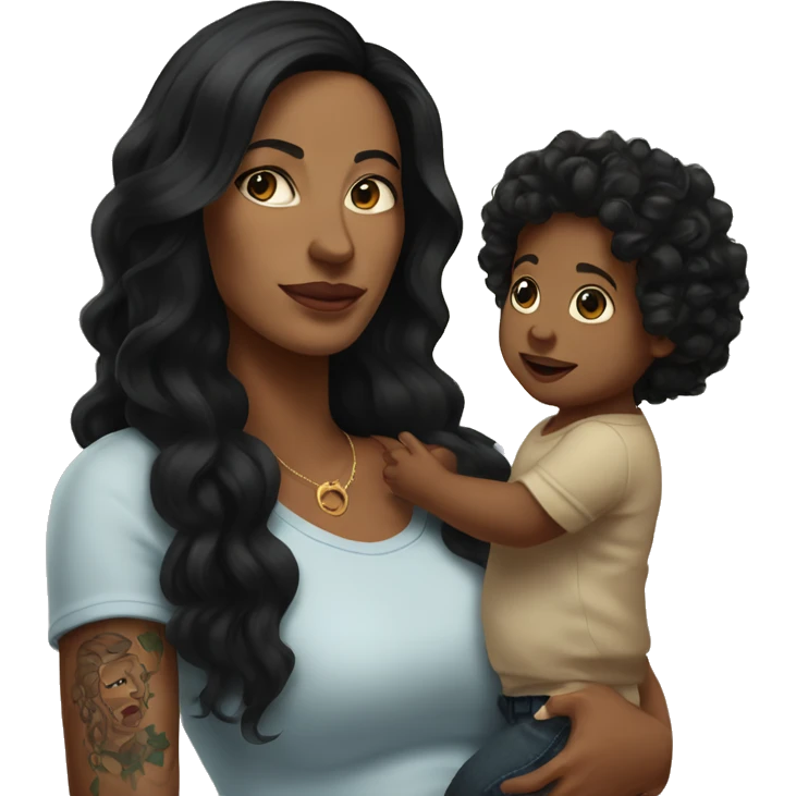White mom with tattoos on arm with long black hair holding a baby boy with dark brown curly hair  emoji
