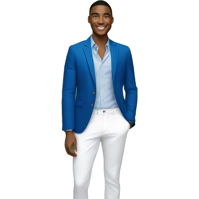 A portrait of a smiling young man wearing a blue blazer and white pants, standing in a lush, tropical garden setting with palm leaves and colorful foliage in the background. emoji
