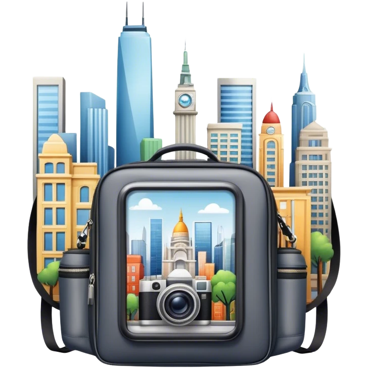 Icon for Urban Tourism: city skyline with iconic buildings, a camera and a backpack. The icon should represent the exploration of urban destinations, with elements like streets, landmarks, and vibrant city life. Transparent background. emoji