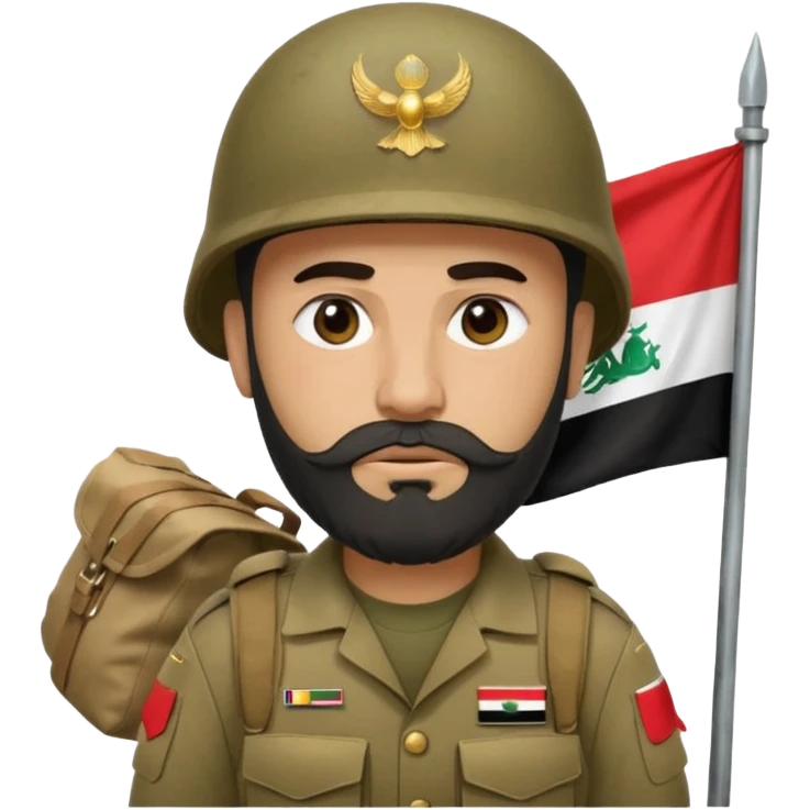 A tired, swarthy Iraqi soldier with a beard, an Iraqi flag on his helmet, a sad expression and bags under his eyes emoji