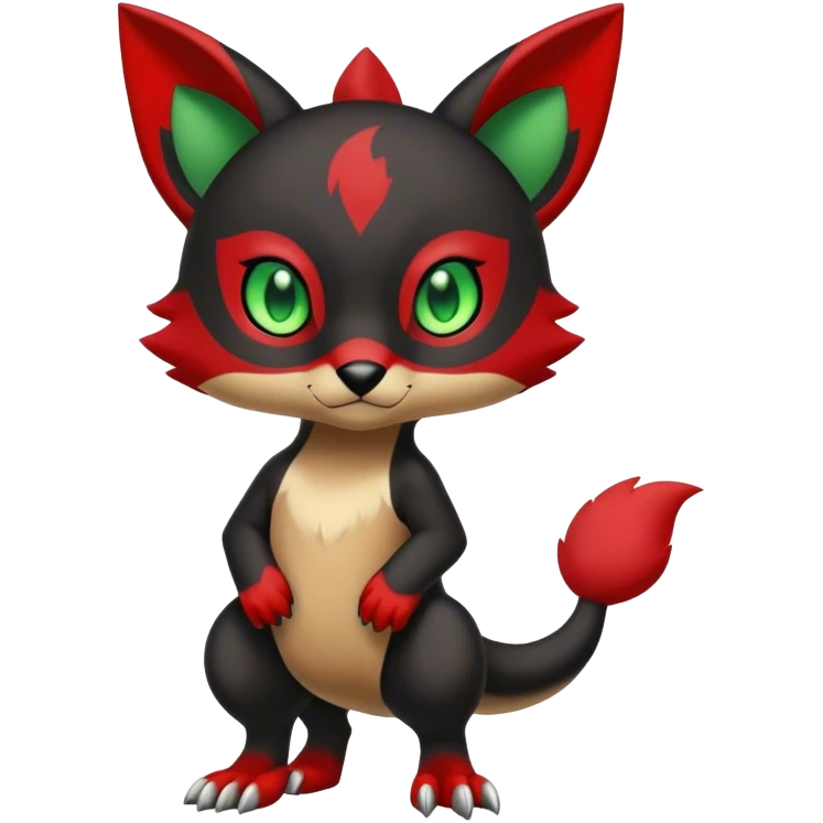 Cute cool black red animal hybrid Fakemon full body, green eyes,  emoji