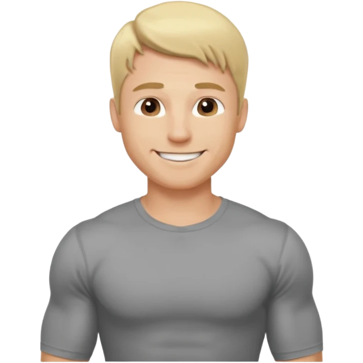 fais le meme blond, tee shirt gris mais musclé et fin qui sourie et ça s'arrête à la taille emoji