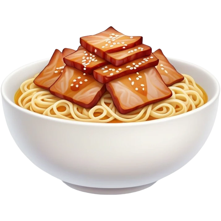 Cantonese Wonton Noodles with char siu pork, simplified emoji style with bold outlines and bright colors, cartoon style Hong Kong style thin egg noodles emoji