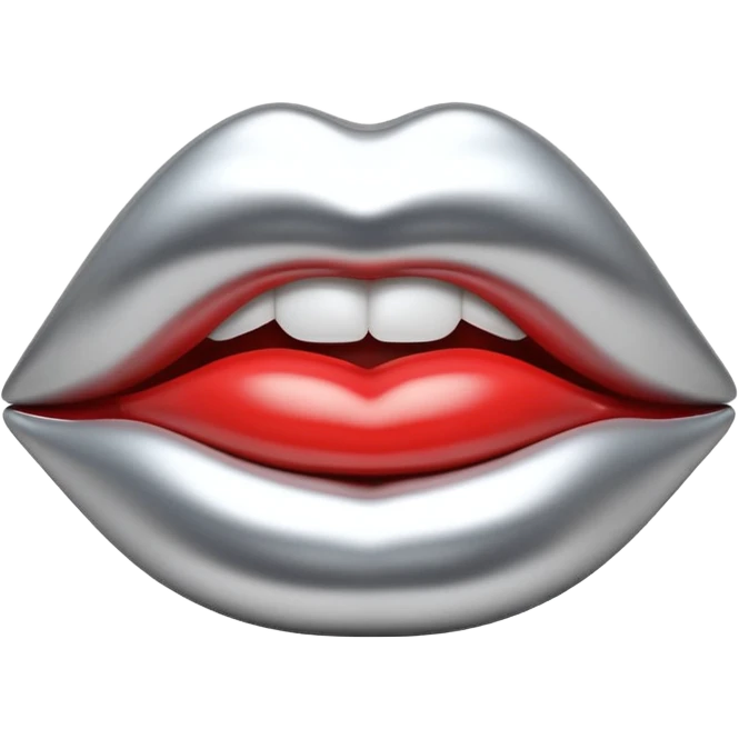 female lips emoji, smooth liquid metal chrome surface, sensual sculpted shape, high-gloss reflections, monochrome futuristic 3D style, isolated on white emoji