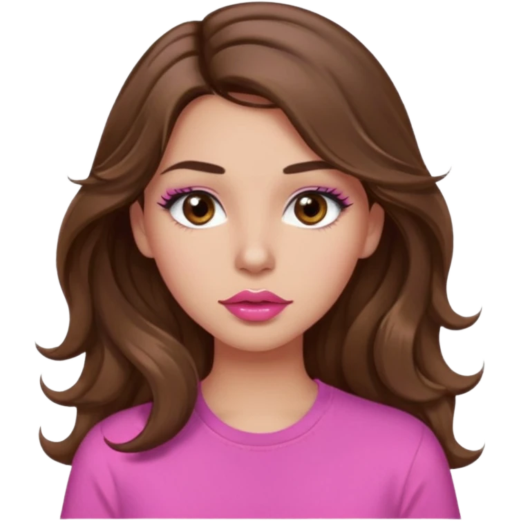 girl with long wavy brown hair, brown eyes, light to medium complexion, in a pink shirt, pink lips, long lashes, puckered lips, hallelujah emoji