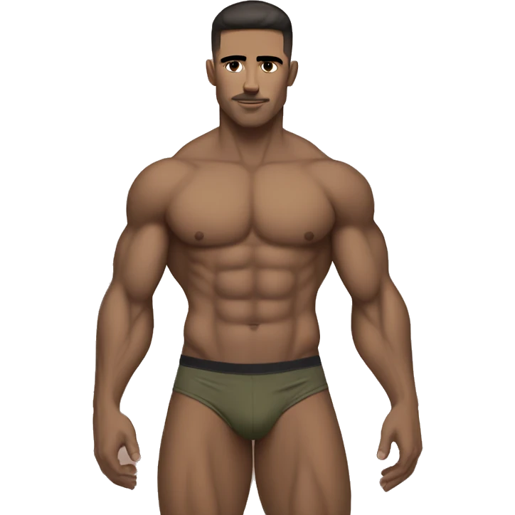 White skin, dark brown hair, hairy body, Bodybuilder, high and tight military haircut, wearing underwear emoji